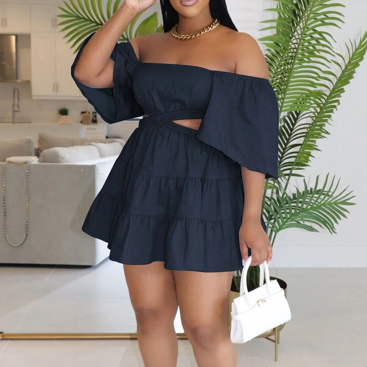 Summer Women Fashion Sexy Off Shoulder Hollow Short Sleeve Mini Dress