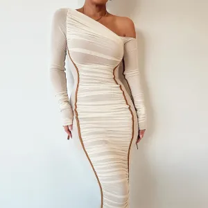 Women Fashion Sexy Oblique Shoulder Mesh Long Sleeve Tight Dress