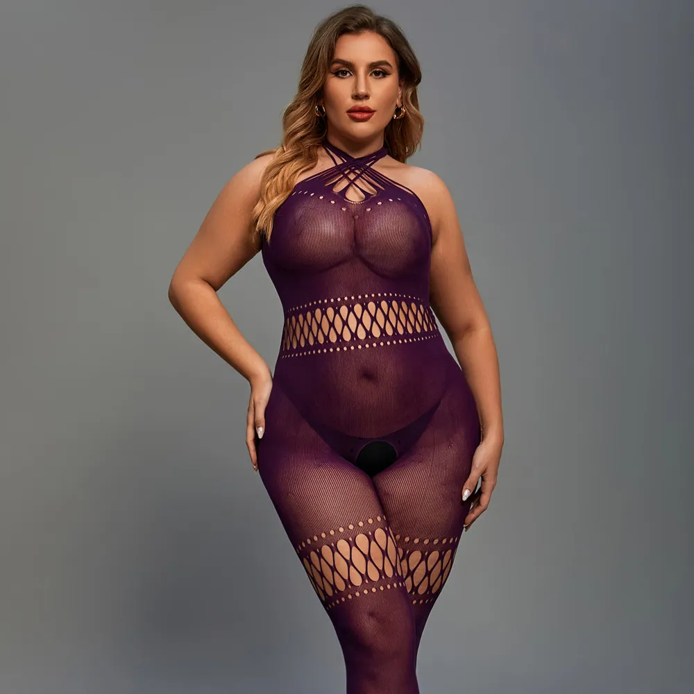 Women Plus Size Sexy Hollow-Out Perspective Lingerie Jumpsuits for Role Play