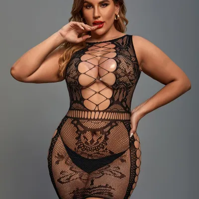 Women Plus Size Lace Hollow Jacquard Lingerie Set