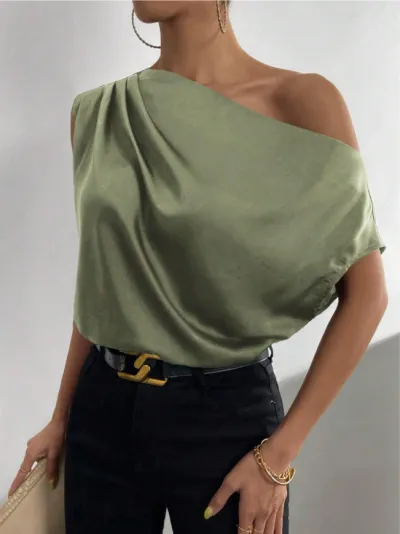 Spring Solid Color Satin Oblique Shoulder Sleeveless Blouse