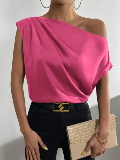 Spring Solid Color Satin Oblique Shoulder Sleeveless Blouse