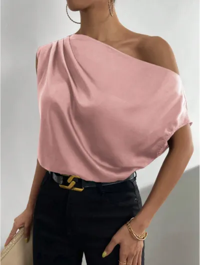 Spring Solid Color Satin Oblique Shoulder Sleeveless Blouse