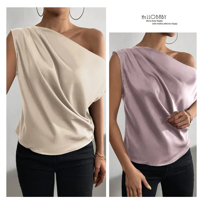 Spring Solid Color Satin Oblique Shoulder Sleeveless Blouse