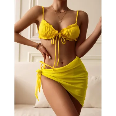 Women High Waist Lace-Up Bikini Three-Piece Mesh Split Swimsuit Solid Color