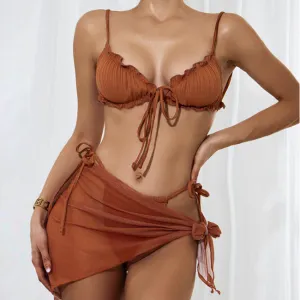 Women High Waist Lace-Up Bikini Three-Piece Mesh Split Swimsuit Solid Color
