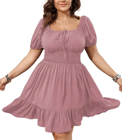 Summer Women Plus Size Solid Color Defined Waist Bubble Sleeve Midi Dress