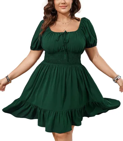 Summer Women Plus Size Solid Color Defined Waist Bubble Sleeve Midi Dress