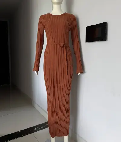 Autumn Winter Women Casual Crewneck Pit Strip Knitted Maxi Dress