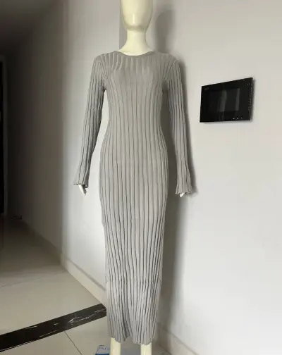 Autumn Winter Women Casual Crewneck Pit Strip Knitted Maxi Dress