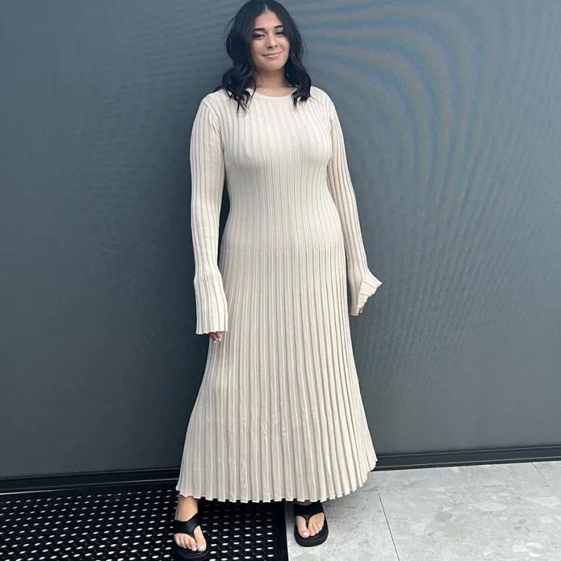 Autumn Winter Women Casual Crewneck Pit Strip Knitted Maxi Dress