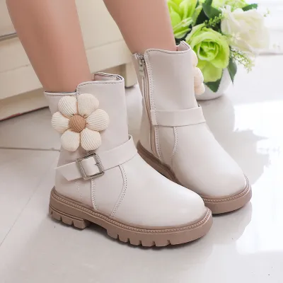 Kids Girls Autumn Winter Fashion Flower Round-Toe Zipper Versatile Short Boots