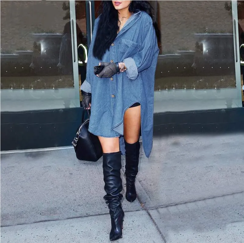 Women Fashion Loose Ruler Side Denim Shirt