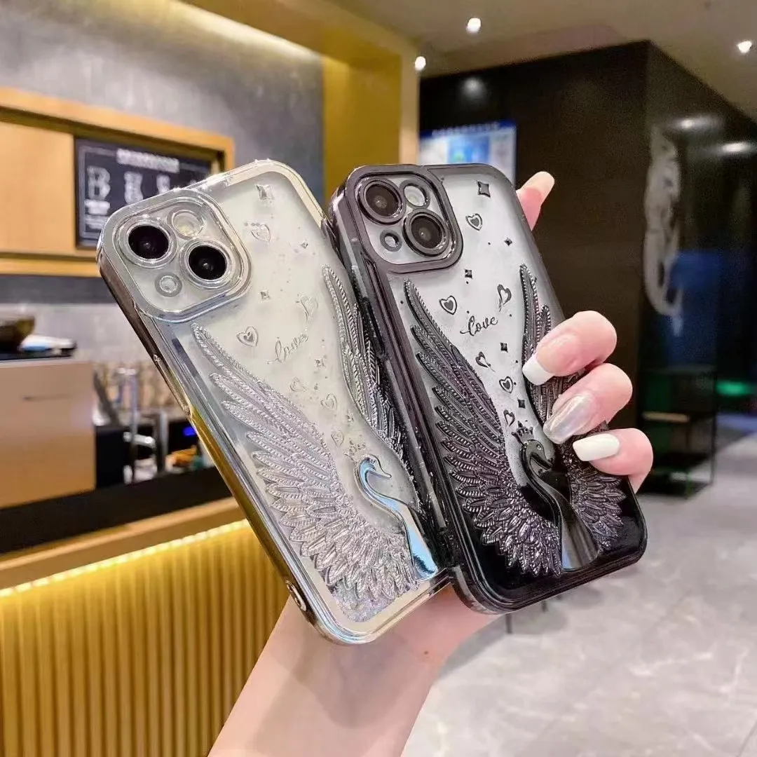 Women Fashionable Electroplated Quicksand Swan Apple Phone Protective Case