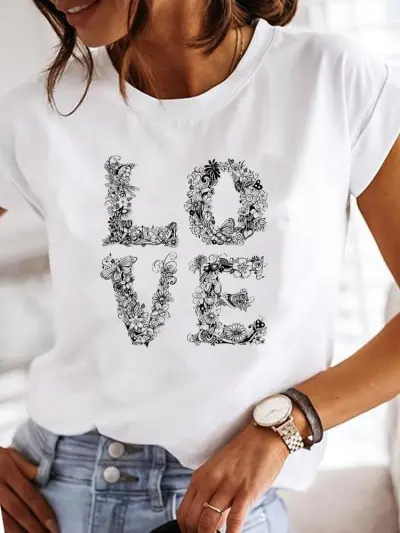 Summer Women Fashion Butterfly Heart Print Round Neck Short Sleeve T-Shirt