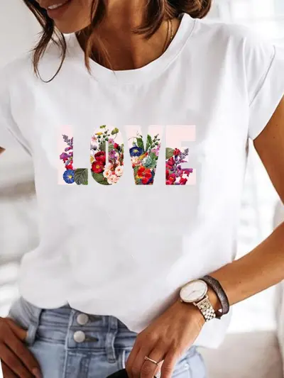 Summer Women Fashion Butterfly Heart Print Round Neck Short Sleeve T-Shirt