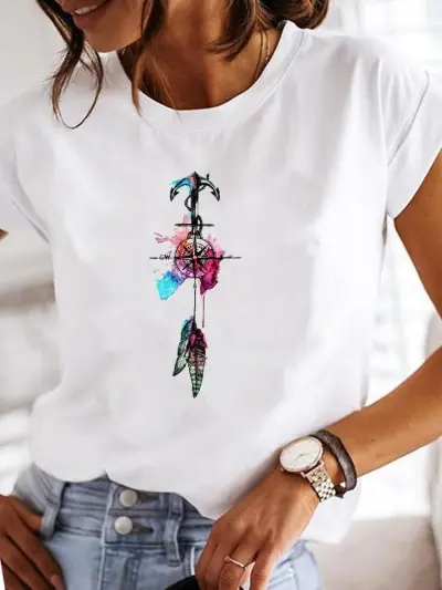 Summer Women Fashion Butterfly Heart Print Round Neck Short Sleeve T-Shirt