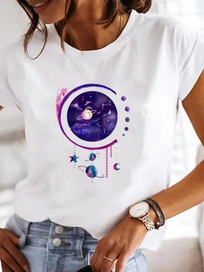 Summer Women Fashion Butterfly Heart Print Round Neck Short Sleeve T-Shirt