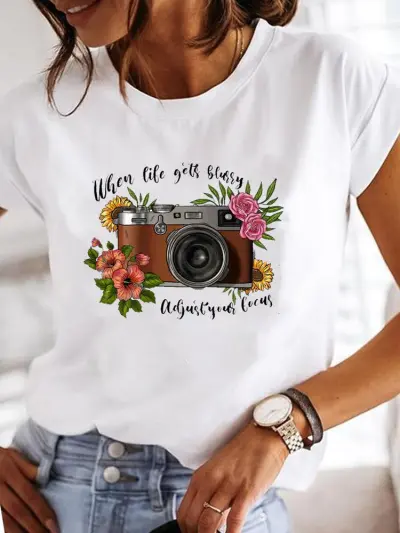 Summer Women Fashion Butterfly Heart Print Round Neck Short Sleeve T-Shirt