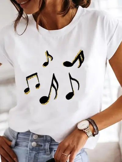 Summer Women Fashion Butterfly Heart Print Round Neck Short Sleeve T-Shirt