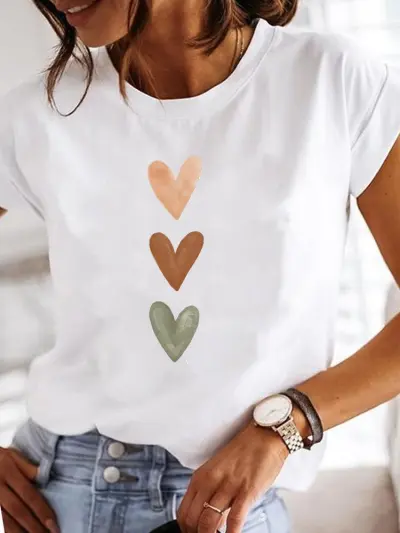 Summer Women Fashion Butterfly Heart Print Round Neck Short Sleeve T-Shirt