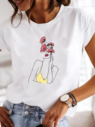 Summer Women Fashion Butterfly Heart Print Round Neck Short Sleeve T-Shirt