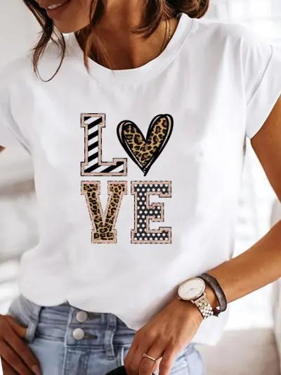 Summer Women Fashion Butterfly Heart Print Round Neck Short Sleeve T-Shirt