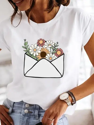 Summer Women Fashion Butterfly Heart Print Round Neck Short Sleeve T-Shirt