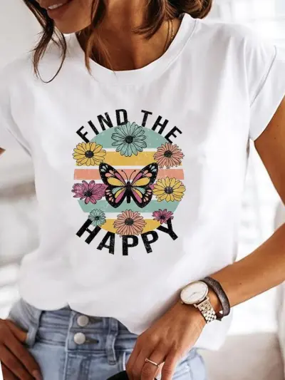 Summer Women Fashion Butterfly Heart Print Round Neck Short Sleeve T-Shirt
