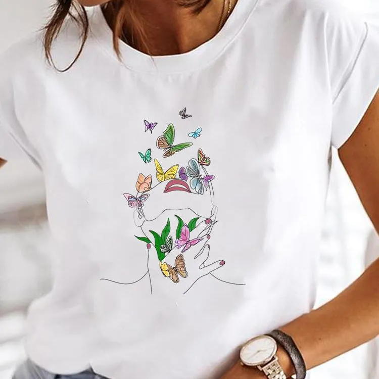 Summer Women Fashion Butterfly Heart Print Round Neck Short Sleeve T-Shirt