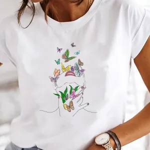 Summer Women Fashion Butterfly Heart Print Round Neck Short Sleeve T-Shirt