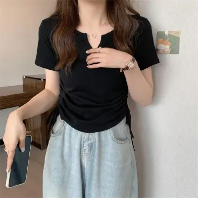 Summer Women Casual V-Neck Short-Sleeved Drawstring T-Shirt