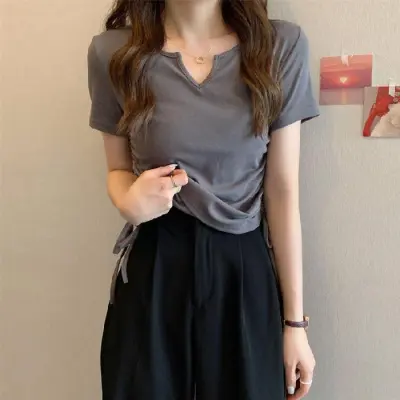 Summer Women Casual V-Neck Short-Sleeved Drawstring T-Shirt