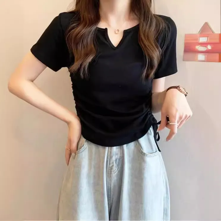 Summer Women Casual V-Neck Short-Sleeved Drawstring T-Shirt