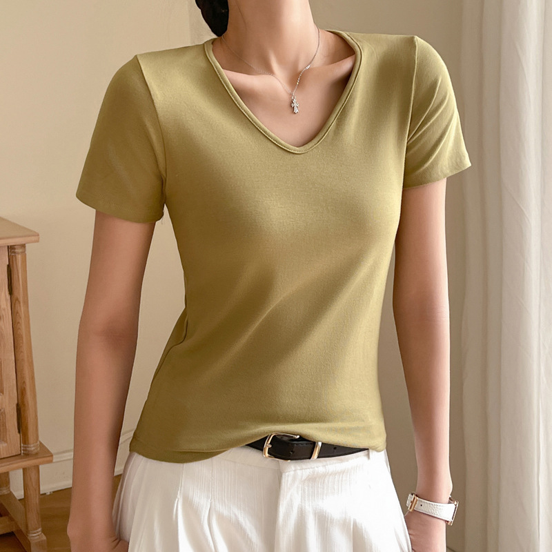 Wholesale Summer Women Casual Solid Color Basic V-Neck Short