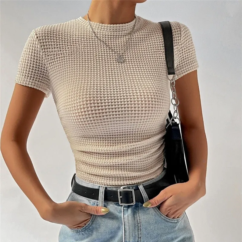 Women Fashion Casual Waffle Knit Short Sleeve Pullover Top