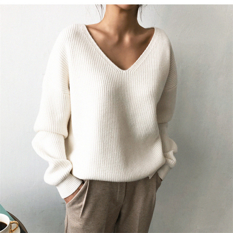 Wholesale Autumn Winter Women Solid Color Casual V-Neck Long
