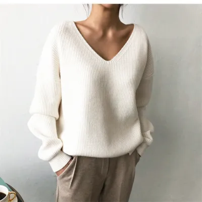 Autumn Winter Women Solid Color Casual V-Neck Long Sleeve Knitted Sweater