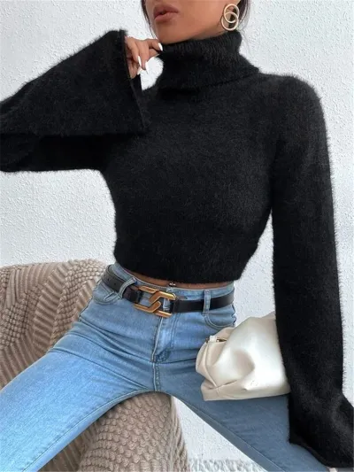 Autumn Winter Women Fashion Solid Color Plush High Collar Long Sleeve Crop Sweater