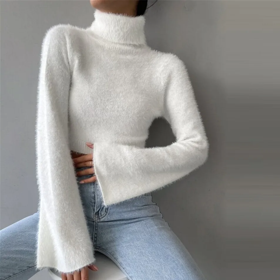 Autumn Winter Women Fashion Solid Color Plush High Collar Long Sleeve Crop Sweater