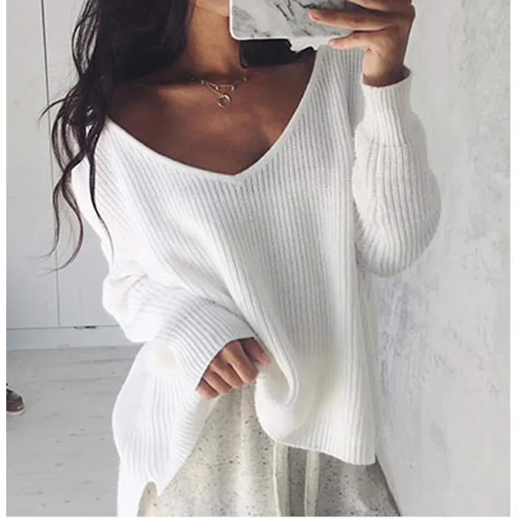 Autumn Winter Women Fashion Solid Color Irregular Knitted Long Sleeve Loose Fit V-Neck Sweater