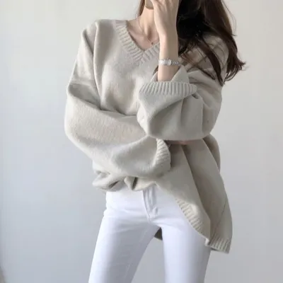 Autumn Winter Women Solid Color V-Neck Long Sleeve Knitted Pullover Sweater