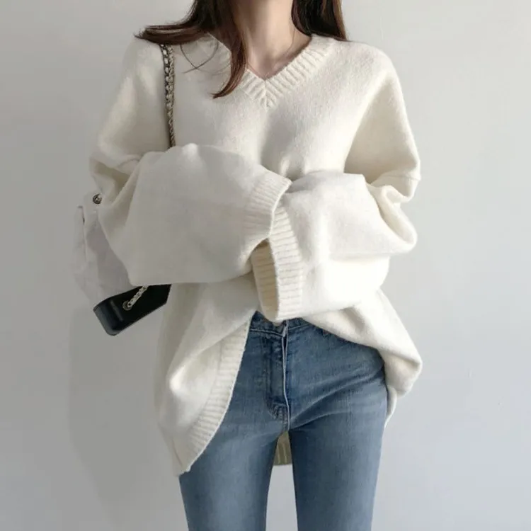 Autumn Winter Women Solid Color V-Neck Long Sleeve Knitted Pullover Sweater