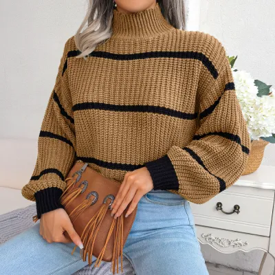 Autumn Winter Women Fashion Stripe Semi-High Collar Long Sleeve Knitted Pullover Sweater