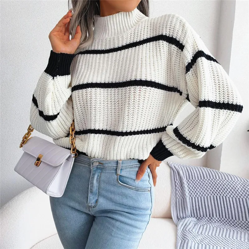 Autumn Winter Women Fashion Stripe Semi-High Collar Long Sleeve Knitted Pullover Sweater