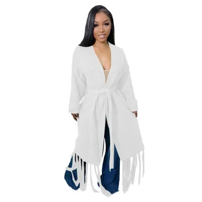 Women's Long Tassel Cardigan Sweater Jacket - Solid Color, Loose Fit, Crewneck
