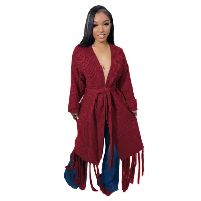 Women's Long Tassel Cardigan Sweater Jacket - Solid Color, Loose Fit, Crewneck