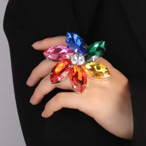 Women Fashion Exaggerated Creative Seven Color Flower Rhinestone Ring
