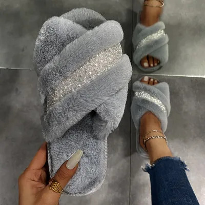 Autumn Winter Women Plus Size Cross Plush Rhinestone Warm House Slippers