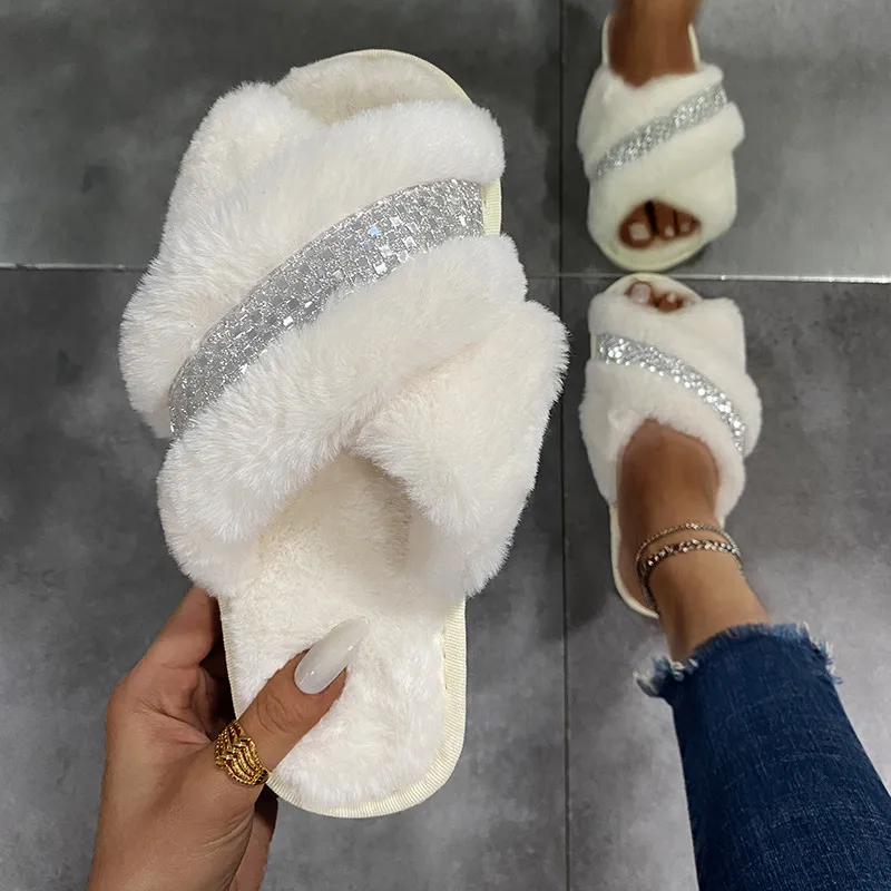 Autumn Winter Women Plus Size Cross Plush Rhinestone Warm House Slippers